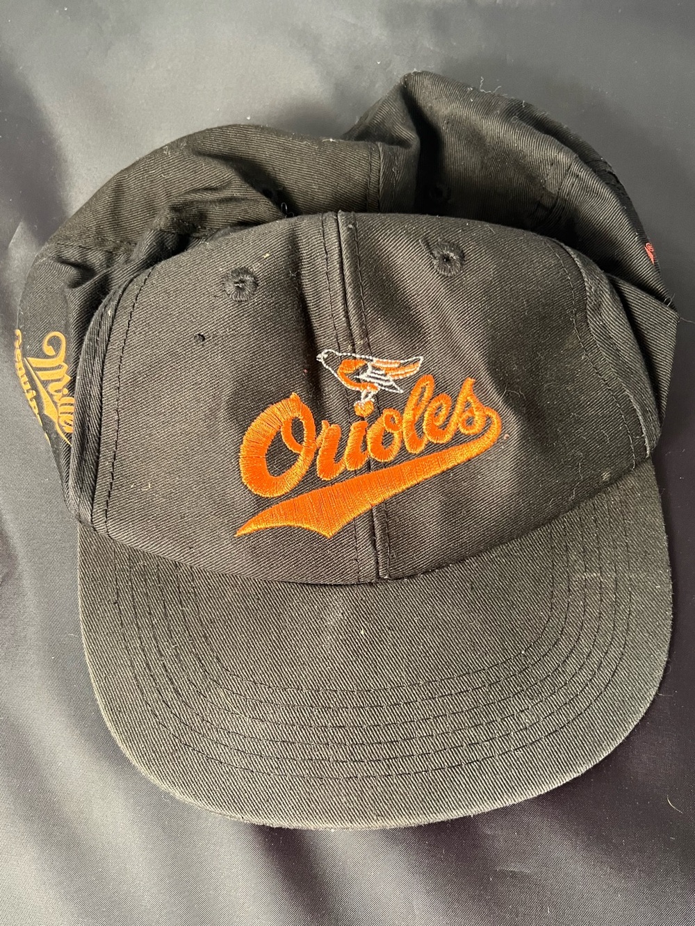 Vintage MLB Orioles Miller Genuine Draft Beer Baseball Hat 90’s Stains Size 7